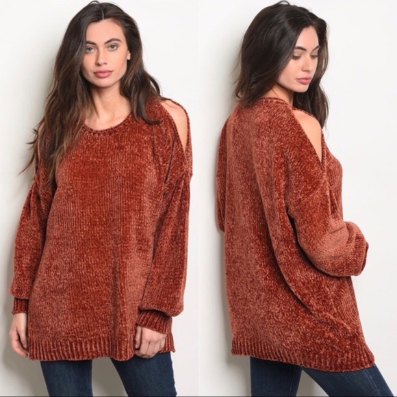 Sweaters - Cinnamon spice cold shoulder  CHENILLE SWEATER